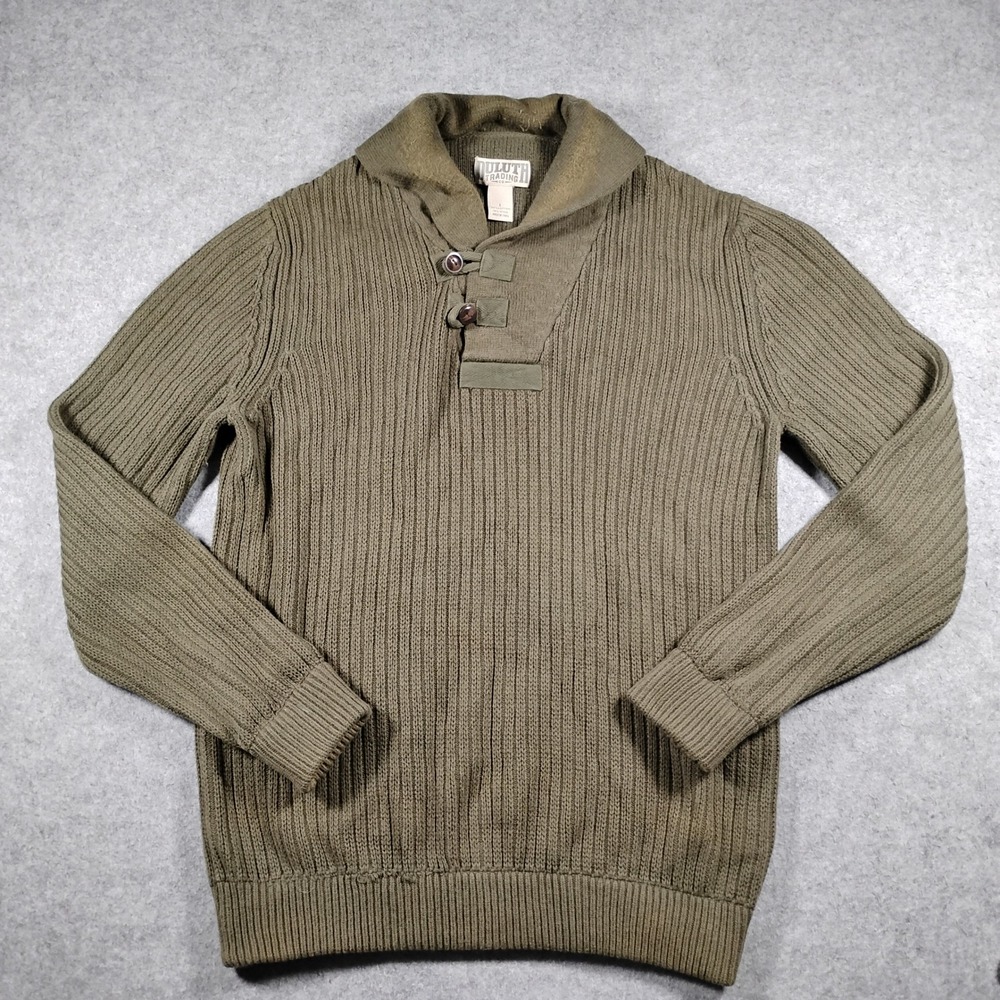 Duluth Trading Co Men's Olive Green Cotton Wool Ribbed Shawl Collar Sweater L